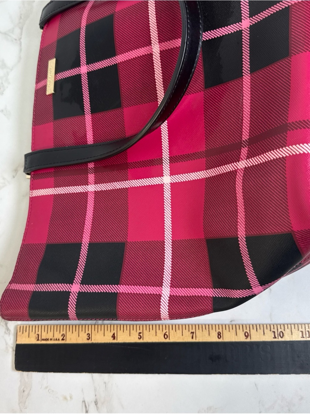 Kate Spade Zippered Tote Bag Large 13” Polyvinyl Leather Trim Pink Plaid Handbag - Picture 11 of 13